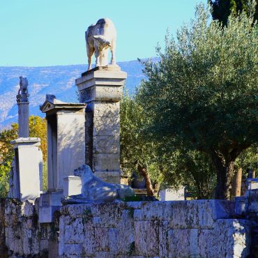 Ancient ruins in the cemetery of Keramikos. Old grave memorials, columns, statues