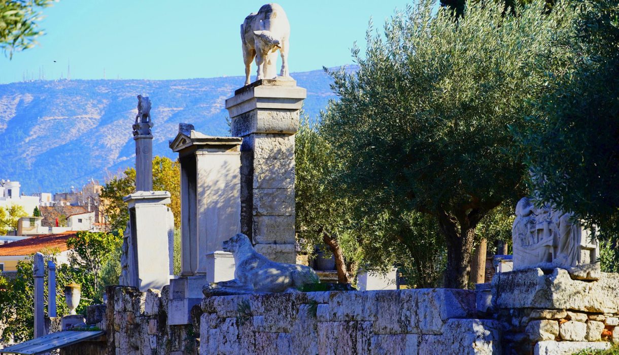 Ancient ruins in the cemetery of Keramikos. Old grave memorials, columns, statues